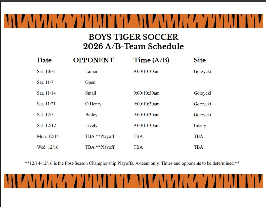 Boys soccer schedule